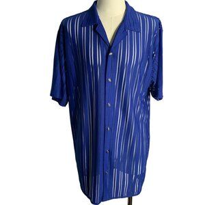 Vintage 90s Trust Couture Sheer Club Shirt L Blue Striped Button Up Short Sleeve